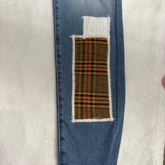 Mens Povrich Patchwork Distressed Skinny Jeans W/Plaid & Leopard Details Size 32 - Picture 7 of 11